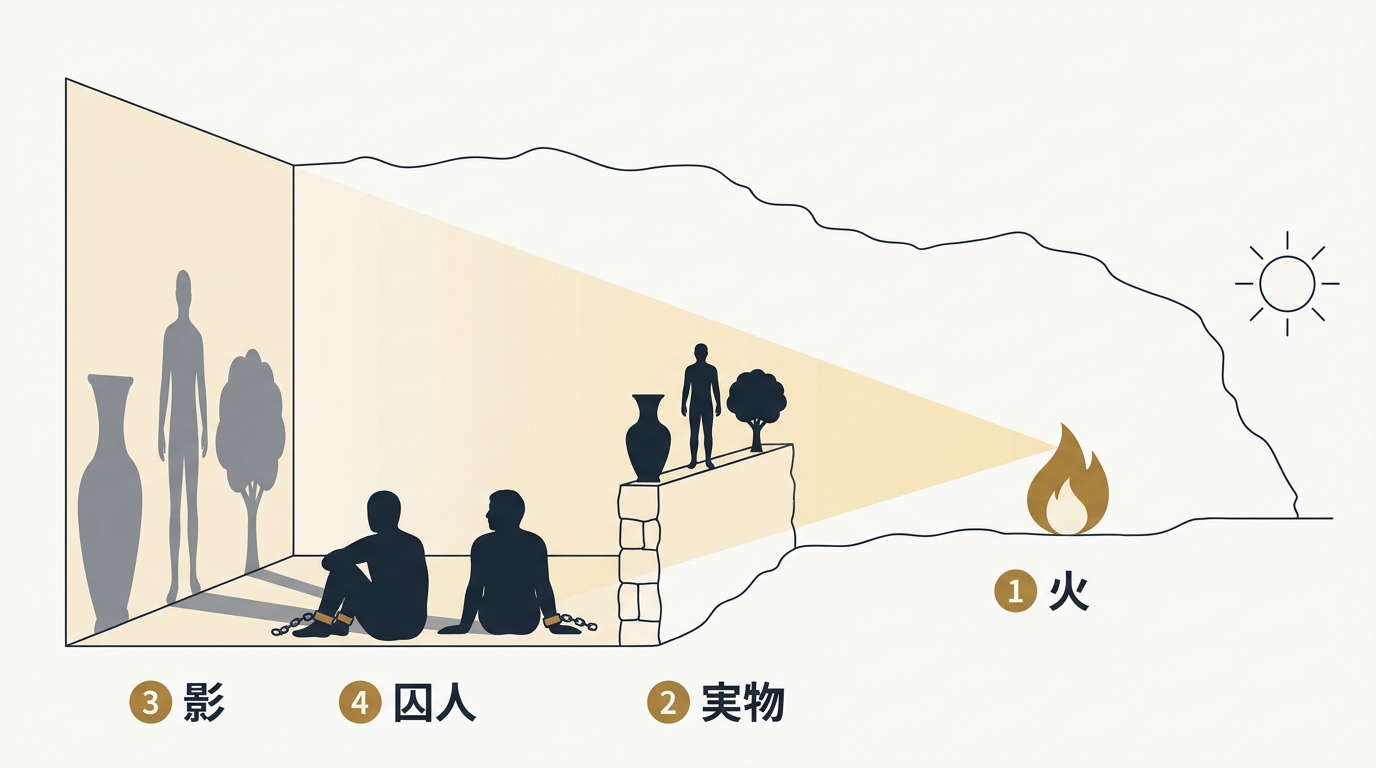 洞窟の比喩の図解。右の火から光が差し、低い塀の上を運ばれる壺・人・木の影が、左の壁に映る。囚人は鎖につながれ、その壁だけを見ている